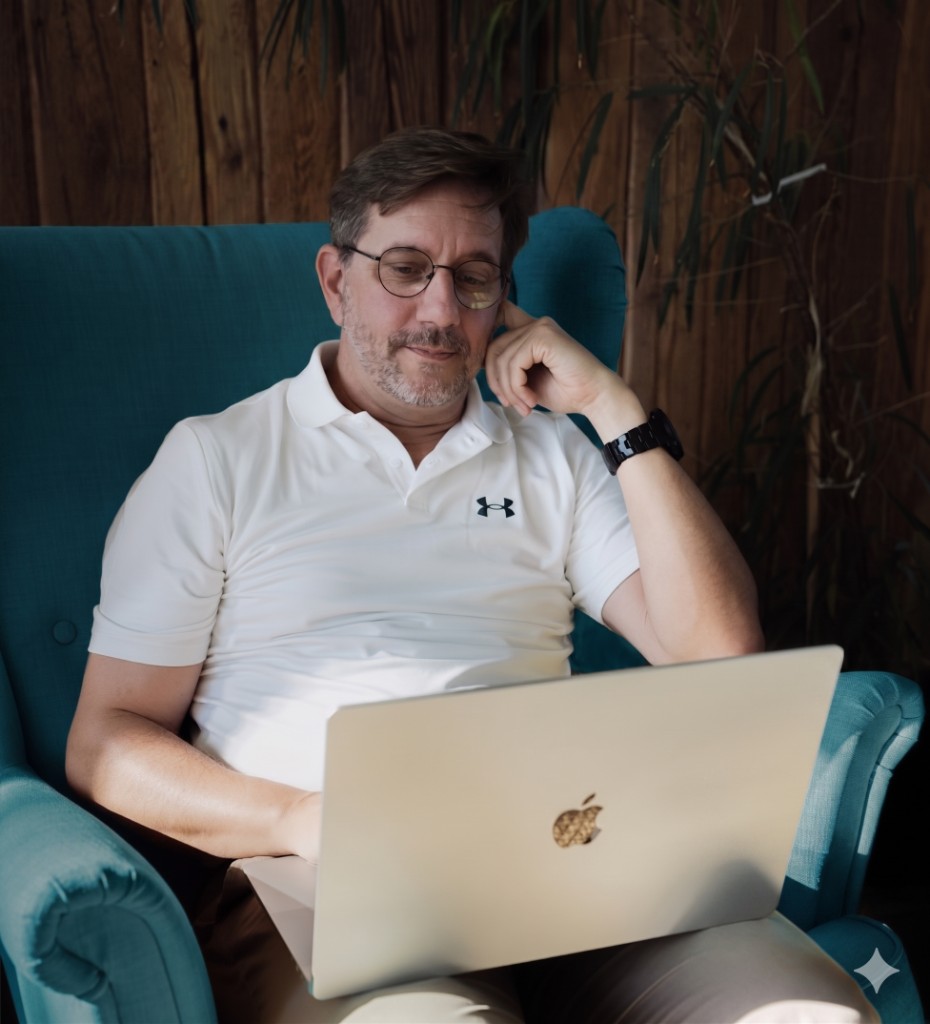 Stephen Kunstmann in an armchair with a laptop